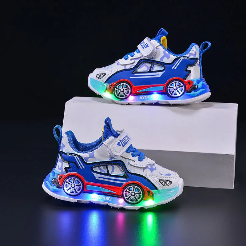 Spring Kids Shoes New Fashion Versatile Casual Shoe Anti Slip Cartoon Car Boy Shoe LED Lights Simple Trendy Sneakers Кроссовки